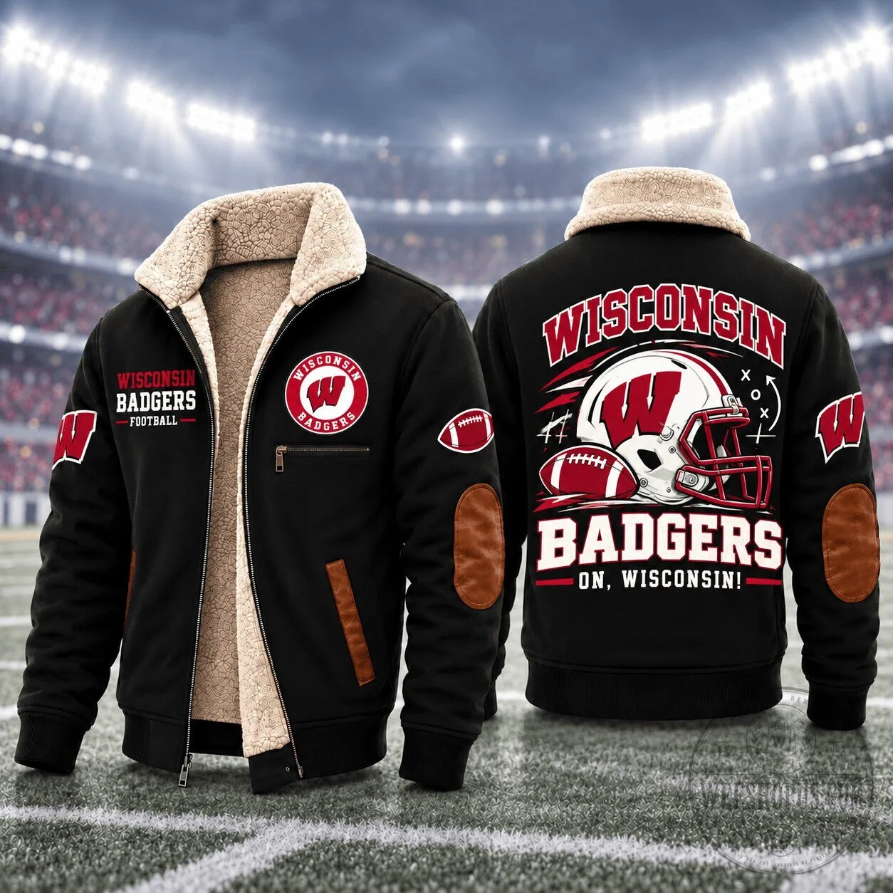 Wisconsin Badgers Football Team Bomber Jacket with Sherpa Lining