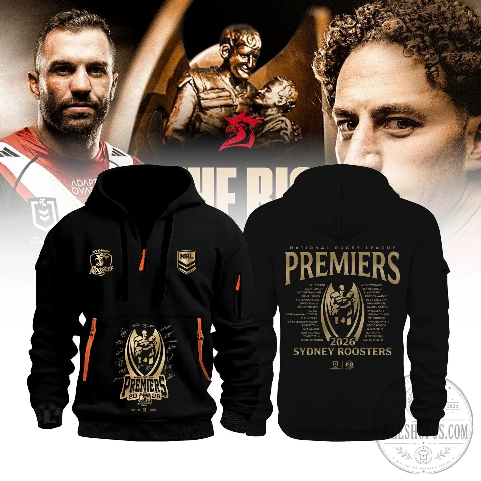 Sydney Roosters National Rugby League Premiers 2026 Black Zipper Hoodie 2 Sydney Roosters National Rugby League Premiers 2026 Black Zipper Hoodie