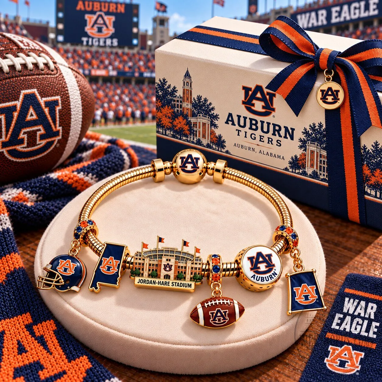 Gold Charm Bracelet featuring Auburn Tigers Football Team and Jordan-Hare Stadium