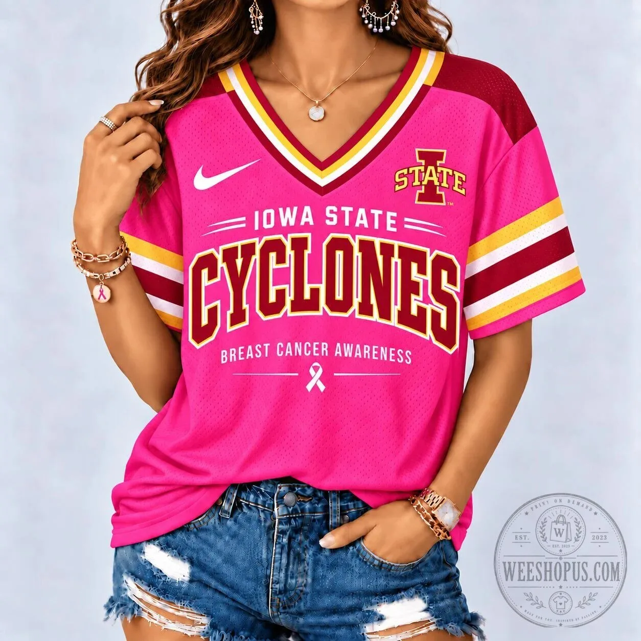 Iowa State Cyclones Pink Breast Cancer Awareness V-Neck Football Jersey 1 Iowa State Cyclones Pink Breast Cancer Awareness V-Neck Football Jersey