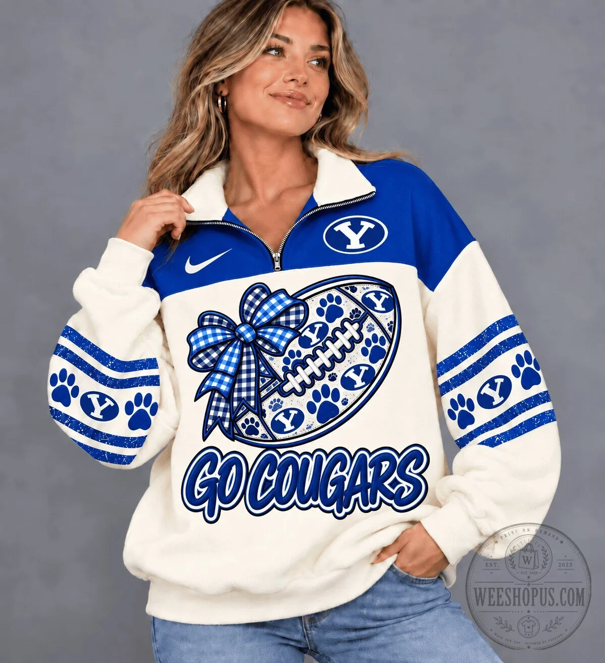 BYU Cougars Football Quarter Zip Sweatshirt for Women, Go Cougars Fan Apparel