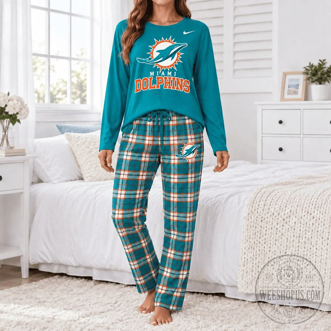 Miami Dolphins NFL Plaid Long Sleeve Shirt and Pants Pajamas Set 2 Miami Dolphins NFL Plaid Long Sleeve Shirt and Pants Pajamas Set