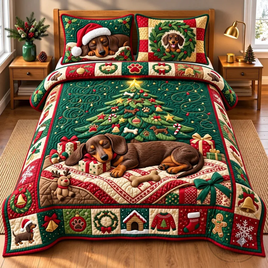 Christmas Dachshund Sleeping Weenie Dog Holiday Quilted Bedding Set Christmas Dachshund Sleeping Weenie Dog Holiday Quilted Bedding Set