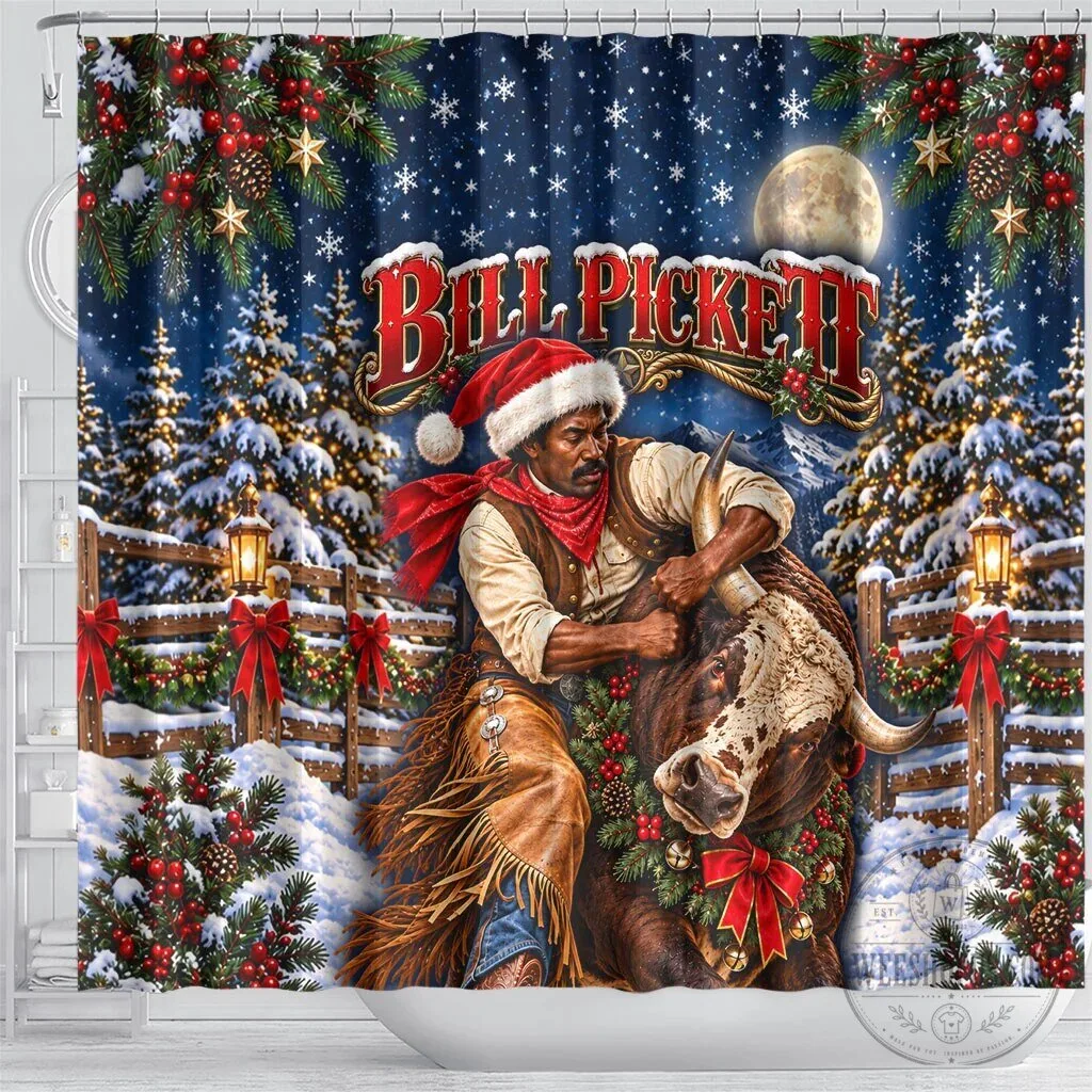 Bill Pickett Christmas Bull Rider Snowy Winter Western Rodeo Night Art Shower Curtain 8 Bill Pickett Christmas Bull Rider Snowy Winter Western Rodeo Night Art Shower Curtain
