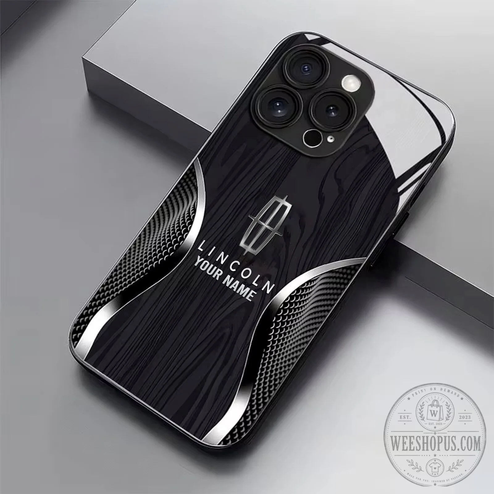 Lincoln Car Logo Custom Name Black Wood Grain Pattern iPhone Phone Case 11 Lincoln Car Logo Custom Name Black Wood Grain Pattern iPhone Phone Case
