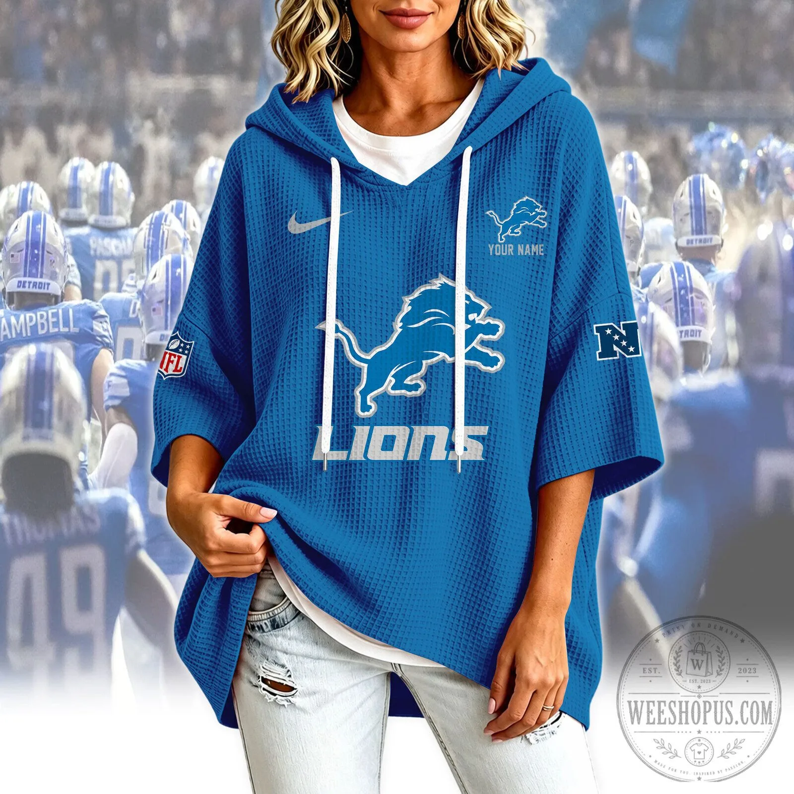 Detroit Lions NFL Football Team Logo Blue Waffle Knit Oversized Hoodie