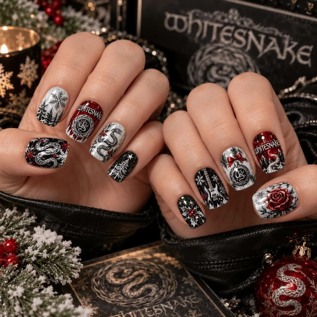 Whitesnake Christmas Holiday Press On Nails Set with Guitar and Snake Designs Whitesnake Christmas Holiday Press On Nails Set with Guitar and Snake Designs