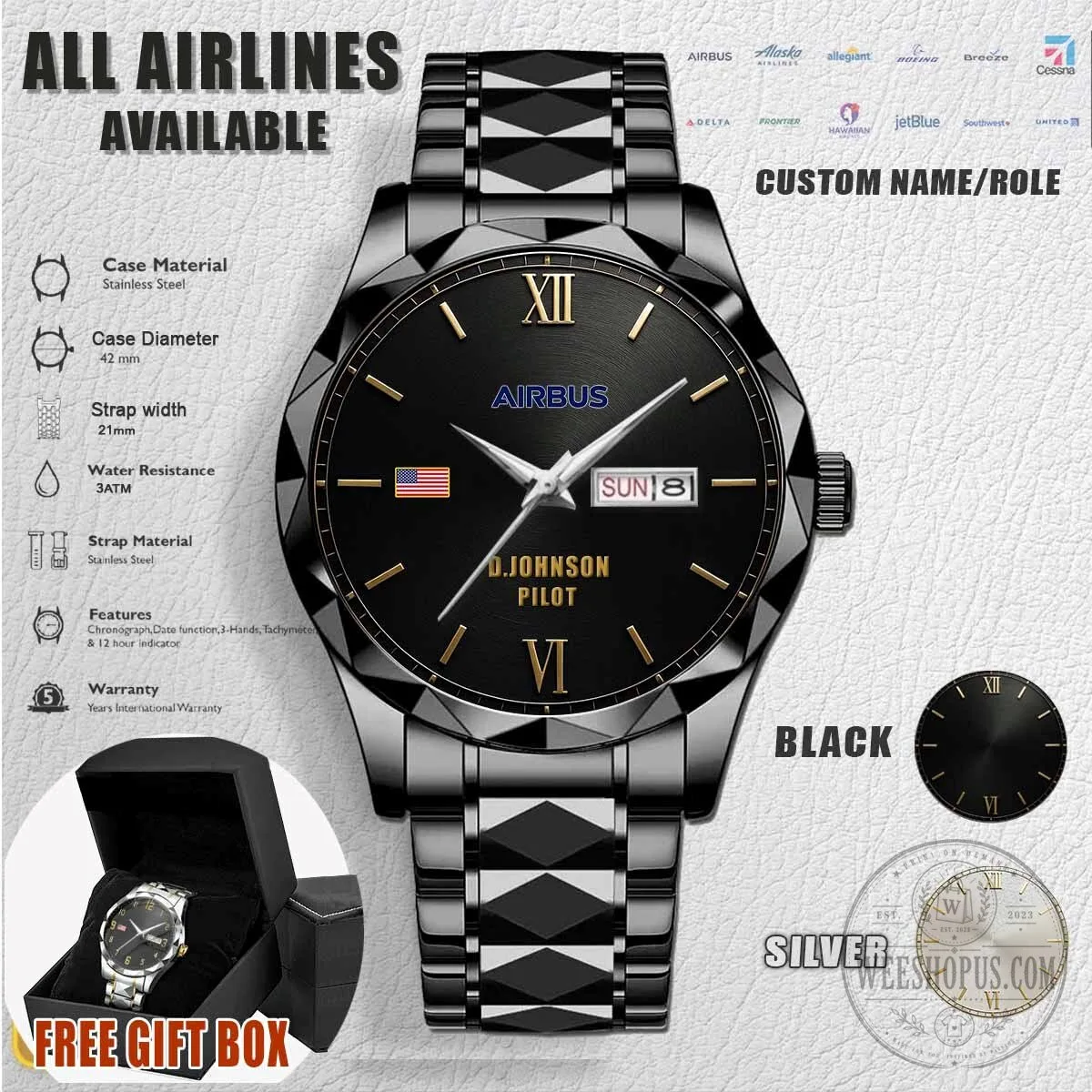 Airbus Pilot Custom Name Stainless Steel Watch with Date Display 5 Airbus Pilot Custom Name Stainless Steel Watch with Date Display