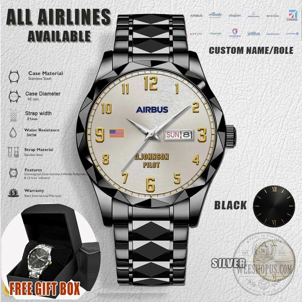 Airbus Pilot Custom Name Stainless Steel Watch with Date Display 6 Airbus Pilot Custom Name Stainless Steel Watch with Date Display