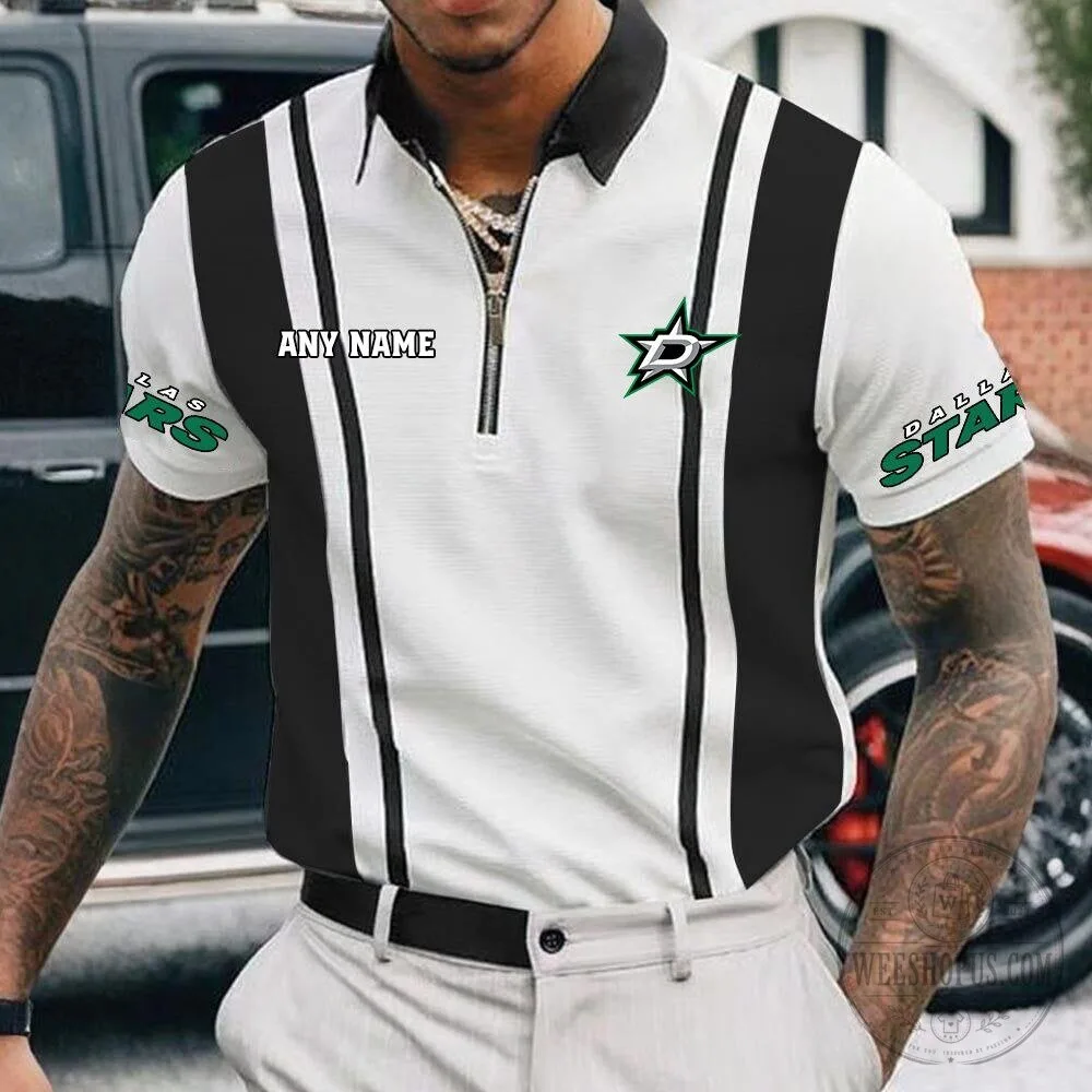 Dallas Stars Personalized Name White and Black Striped Zipper Polo Shirt 12 Dallas Stars Personalized Name White and Black Striped Zipper Polo Shirt
