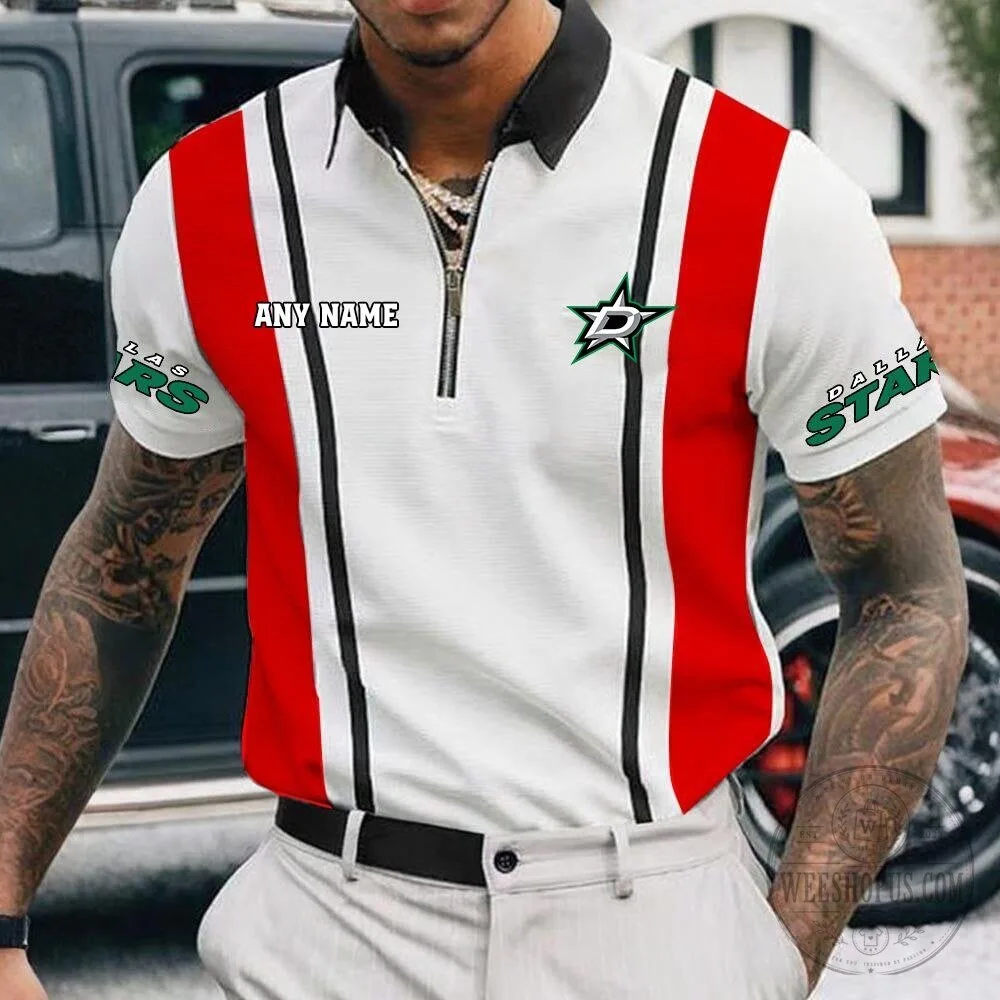 Dallas Stars Personalized Name White and Black Striped Zipper Polo Shirt 13 Dallas Stars Personalized Name White and Black Striped Zipper Polo Shirt