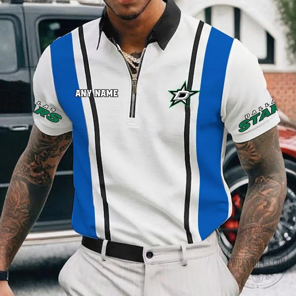 Dallas Stars Personalized Name White and Black Striped Zipper Polo Shirt 14 Dallas Stars Personalized Name White and Black Striped Zipper Polo Shirt