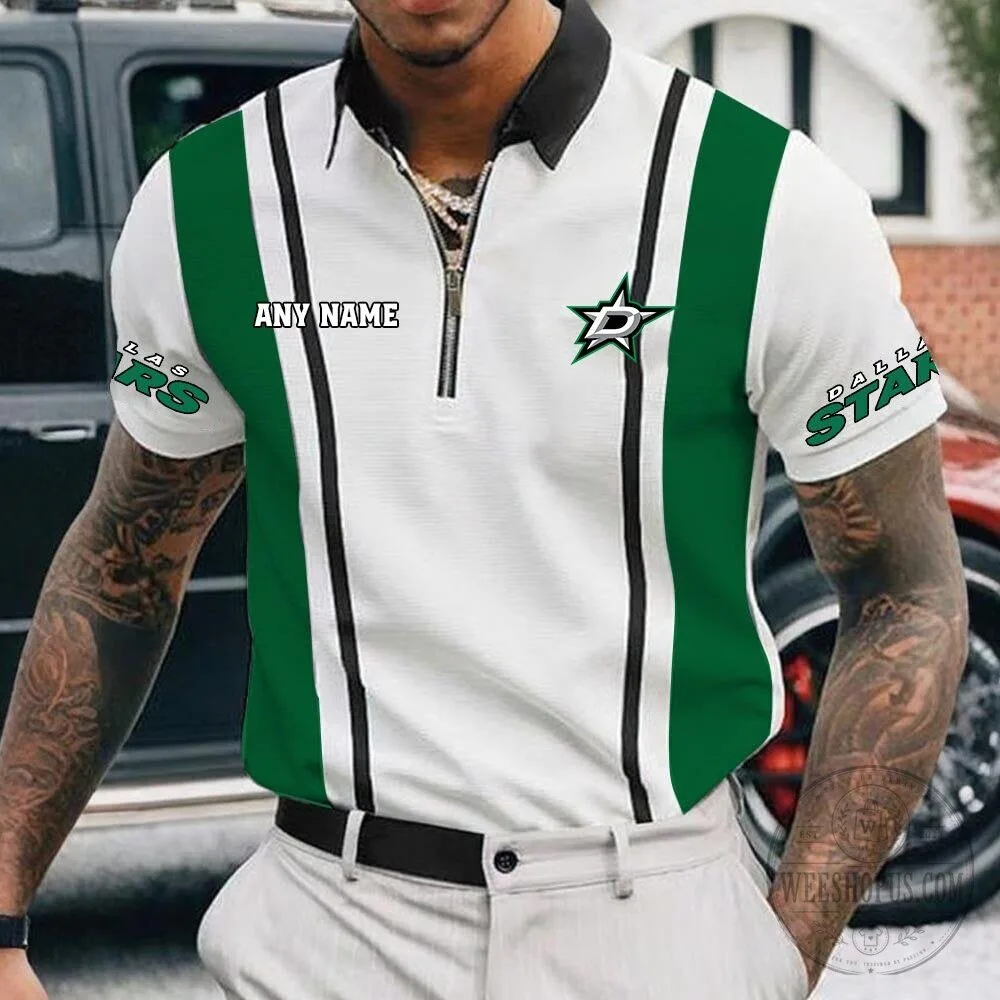 Dallas Stars Personalized Name White and Black Striped Zipper Polo Shirt 15 Dallas Stars Personalized Name White and Black Striped Zipper Polo Shirt