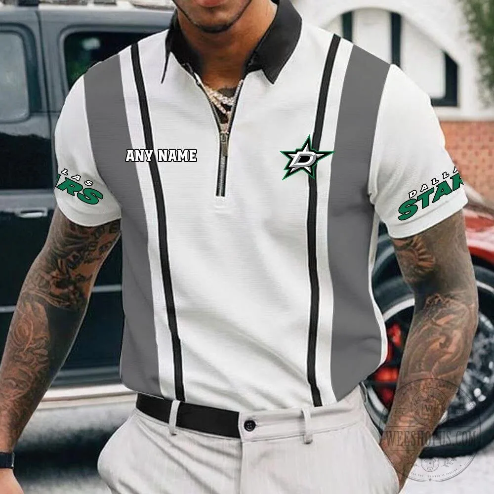 Dallas Stars Personalized Name White and Black Striped Zipper Polo Shirt 16 Dallas Stars Personalized Name White and Black Striped Zipper Polo Shirt