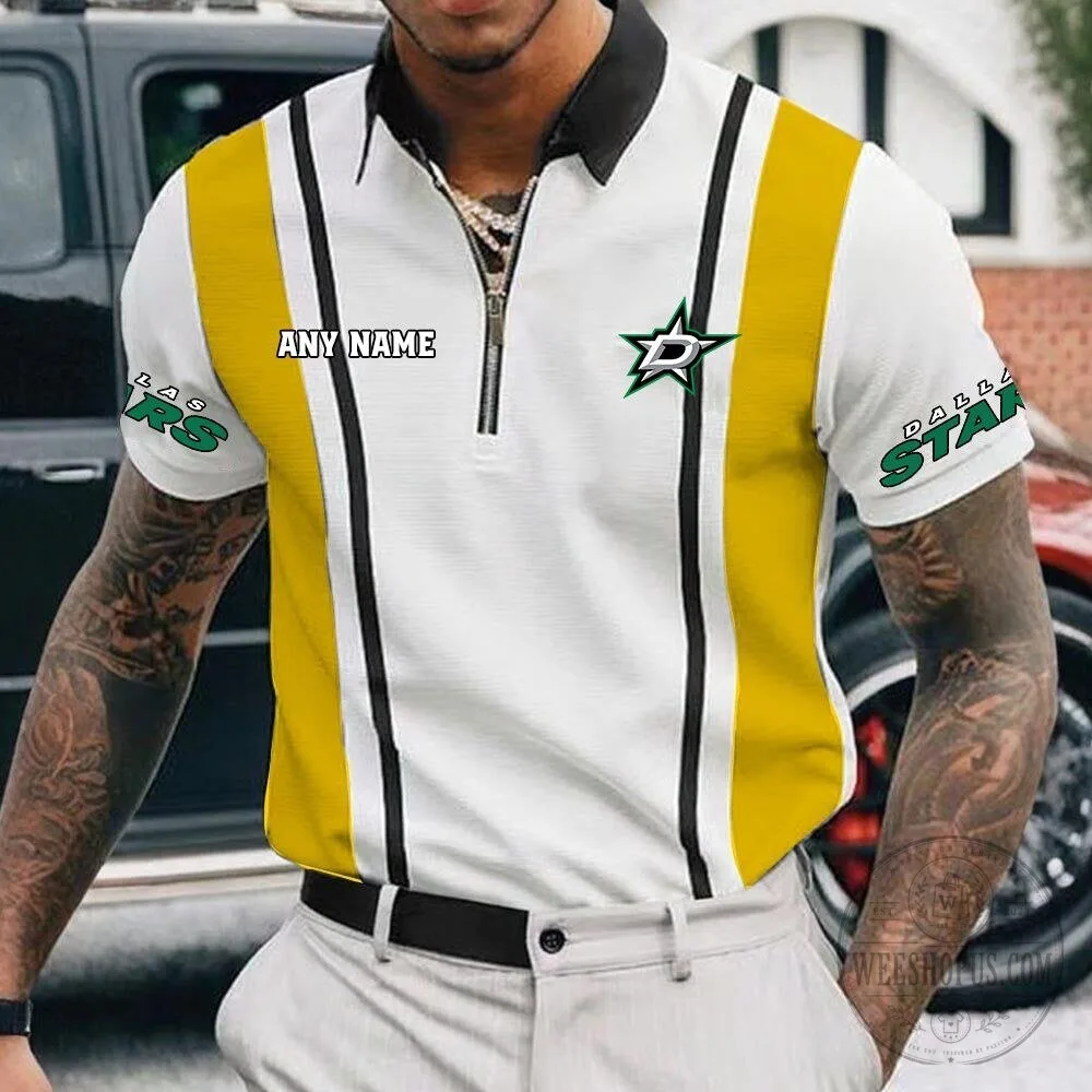 Dallas Stars Personalized Name White and Black Striped Zipper Polo Shirt 17 Dallas Stars Personalized Name White and Black Striped Zipper Polo Shirt