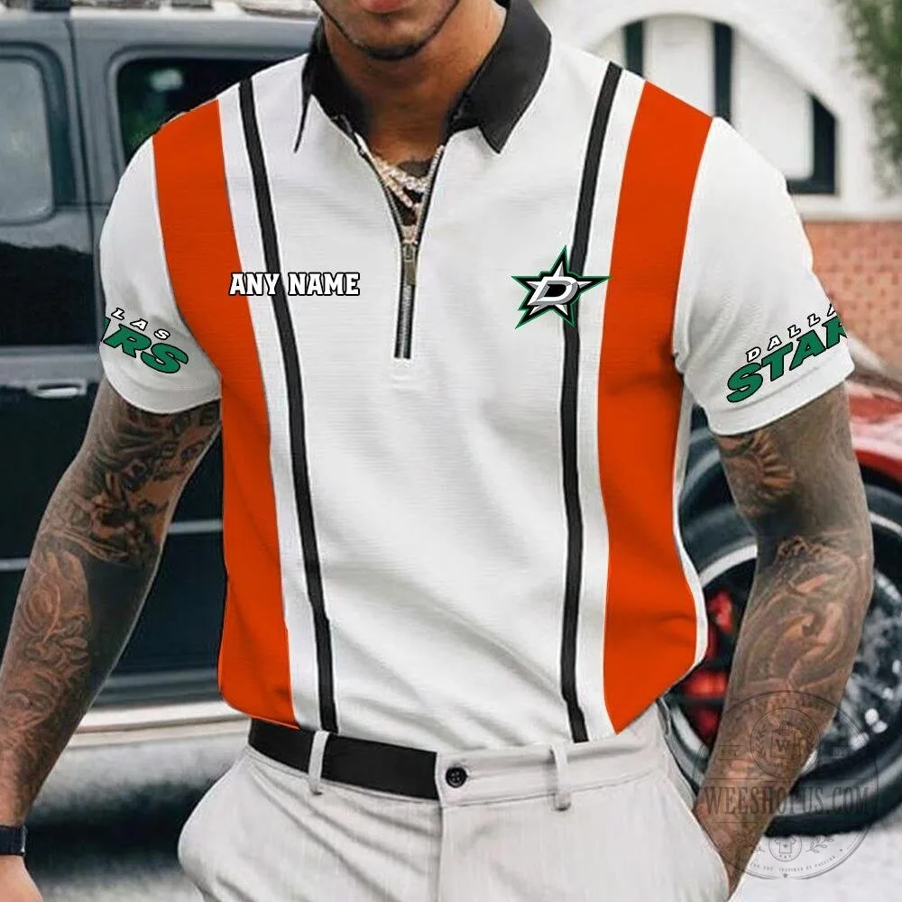 Dallas Stars Personalized Name White and Black Striped Zipper Polo Shirt 18 Dallas Stars Personalized Name White and Black Striped Zipper Polo Shirt