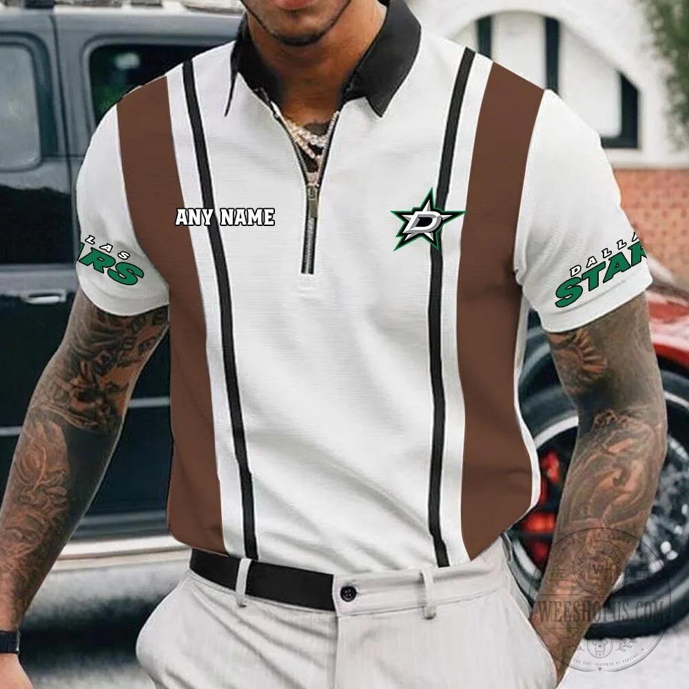 Dallas Stars Personalized Name White and Black Striped Zipper Polo Shirt 19 Dallas Stars Personalized Name White and Black Striped Zipper Polo Shirt