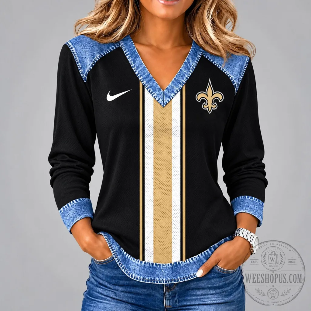 New Orleans Saints NFL Vintage V-Neck Long Sleeve Shirt for Women New Orleans Saints NFL Vintage V-Neck Long Sleeve Shirt for Women