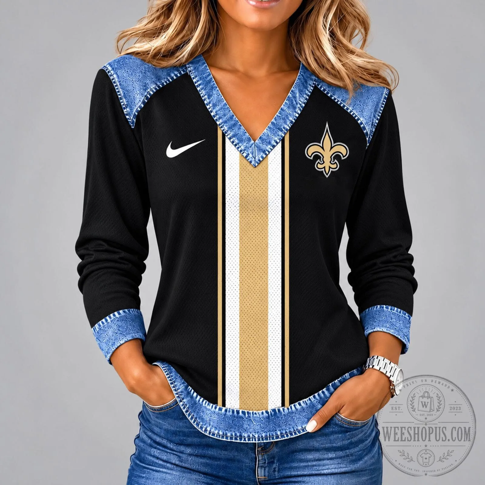 New Orleans Saints NFL Vintage V-Neck Long Sleeve Shirt for Women 5 New Orleans Saints NFL Vintage V-Neck Long Sleeve Shirt for Women