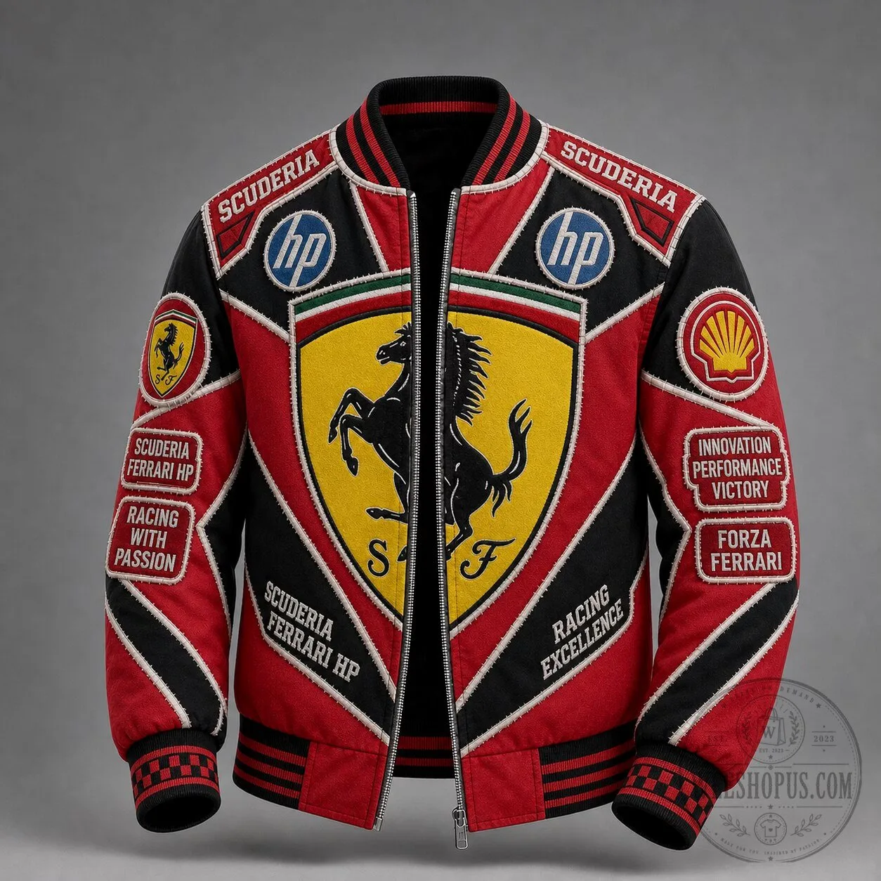 Scuderia Ferrari Racing Excellence Red Black Bomber Jacket with Patch Details 2 Scuderia Ferrari Racing Excellence Red Black Bomber Jacket with Patch Details