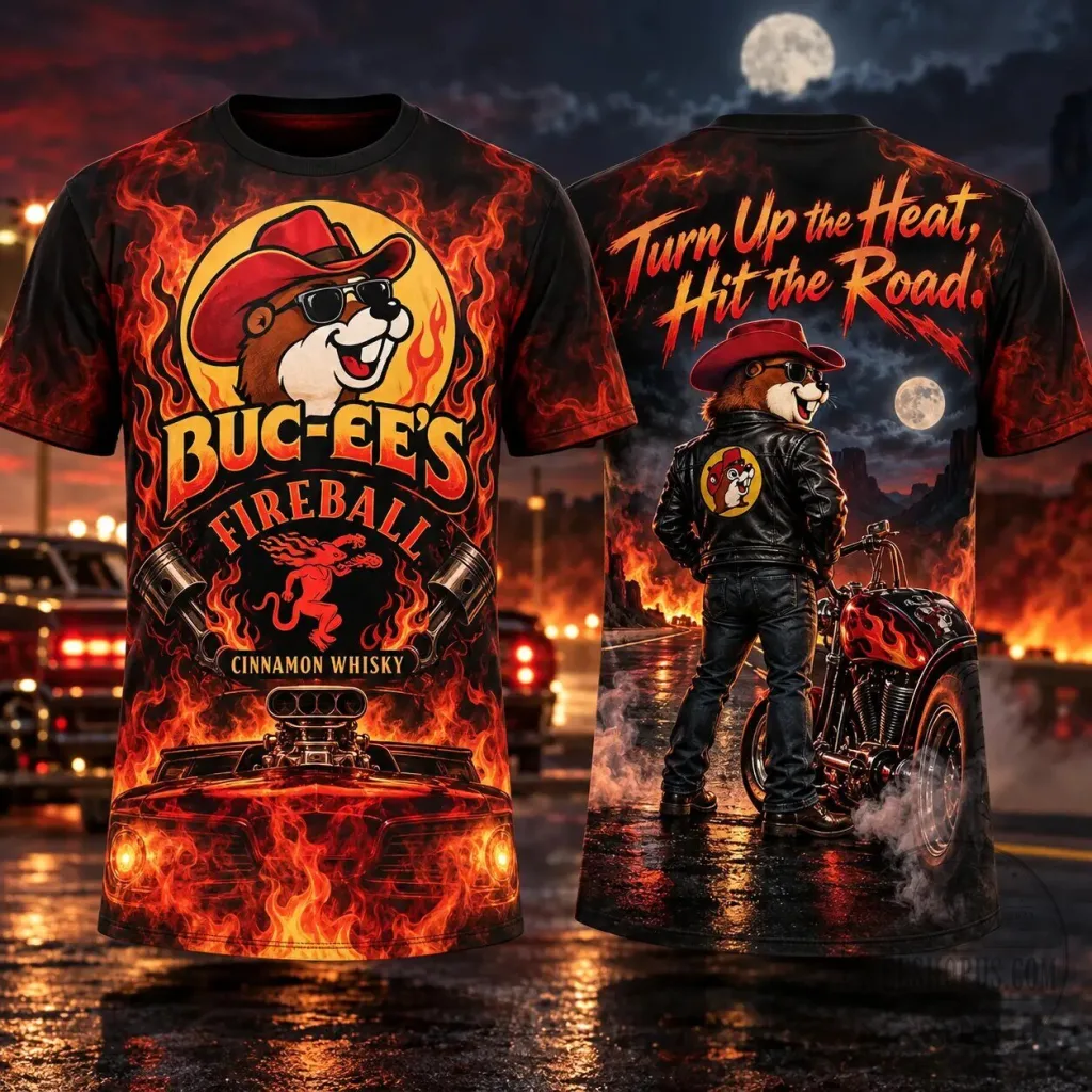 Buc-ee's Fireball Cinnamon Whisky Flaming Motorcycle Rider T-Shirt Buc-ee's Fireball Cinnamon Whisky Flaming Motorcycle Rider T-Shirt