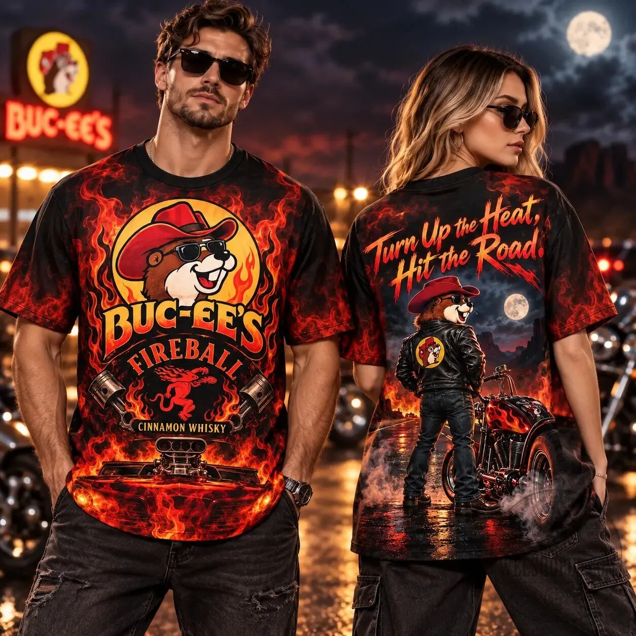 Buc-ee's Fireball Cinnamon Whisky Flaming Motorcycle Rider T-Shirt 7 Buc-ee