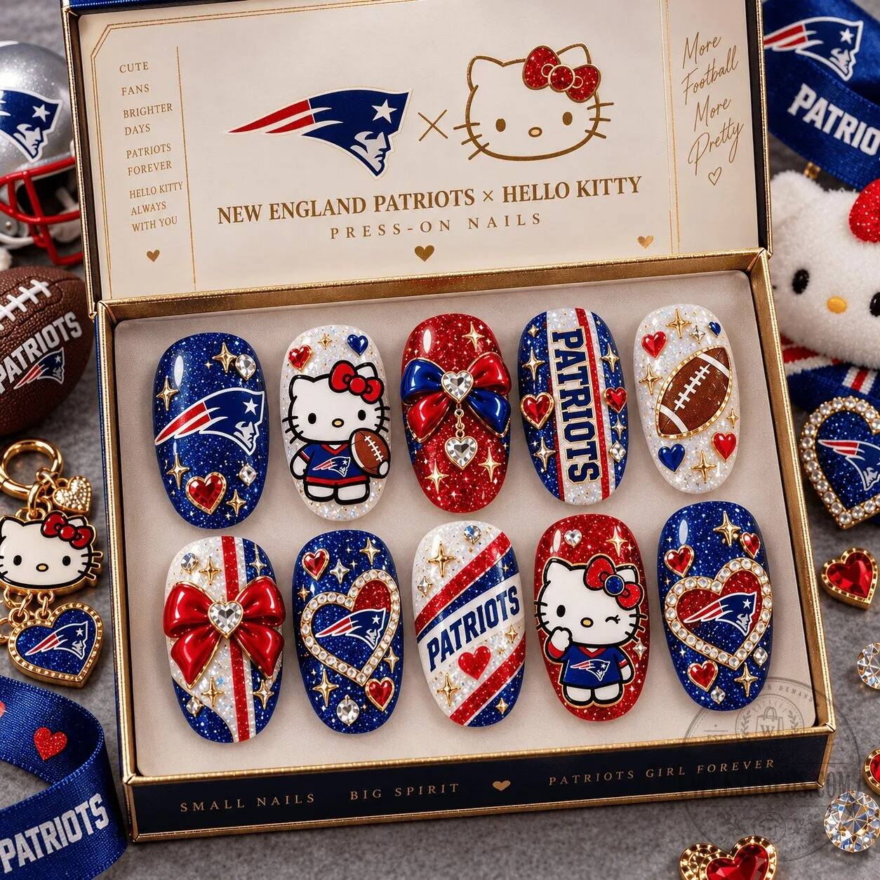 New England Patriots Hello Kitty Football Fan Glam Press-On Nails Set