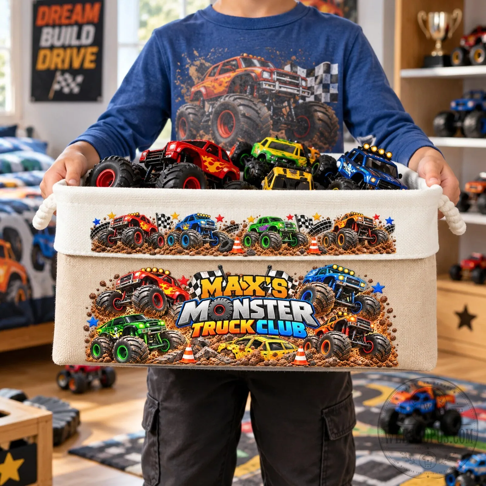 Personalized Monster Truck Club Kids Toy Storage Basket Organizer