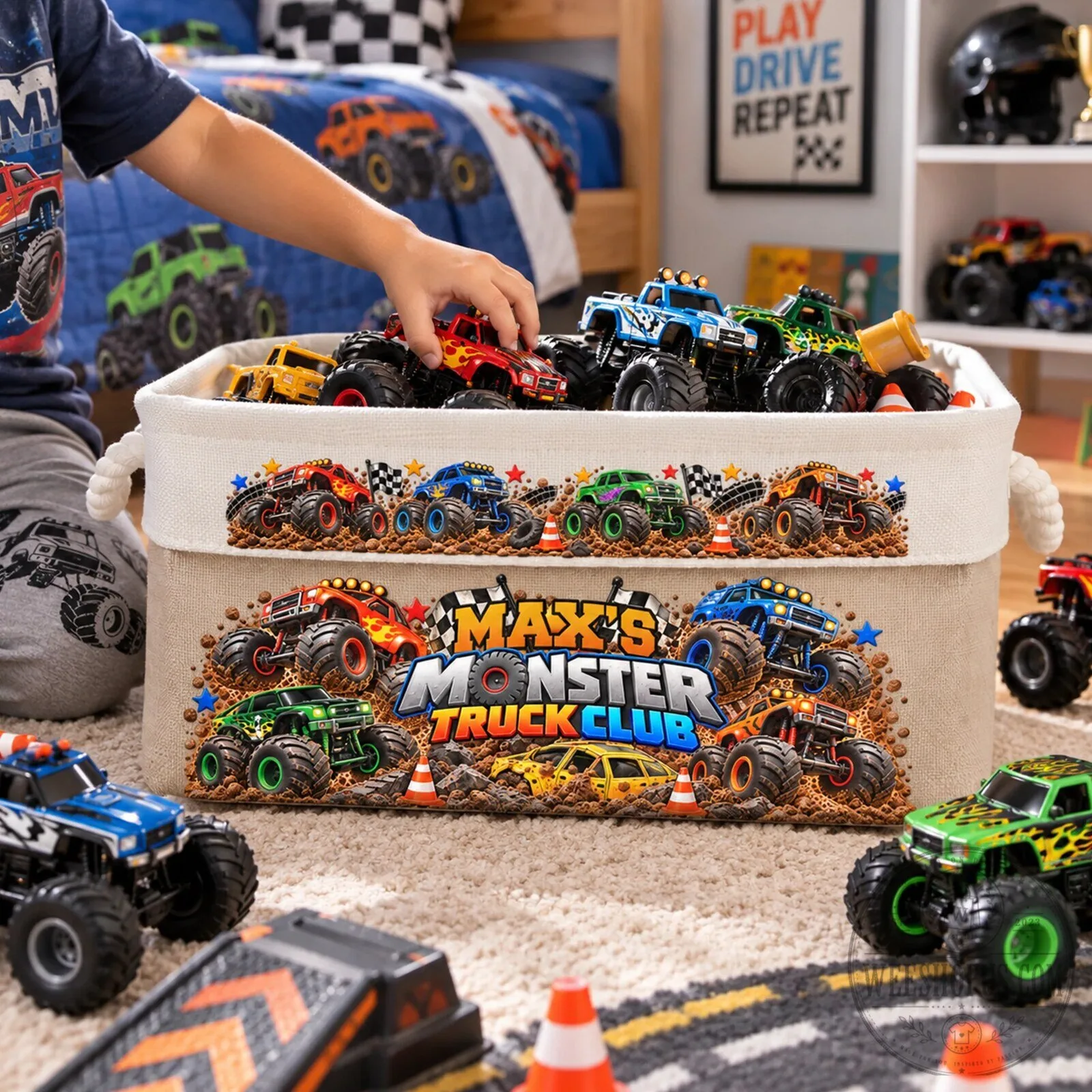 Personalized Monster Truck Club Kids Toy Storage Basket Organizer 10 Personalized Monster Truck Club Kids Toy Storage Basket Organizer