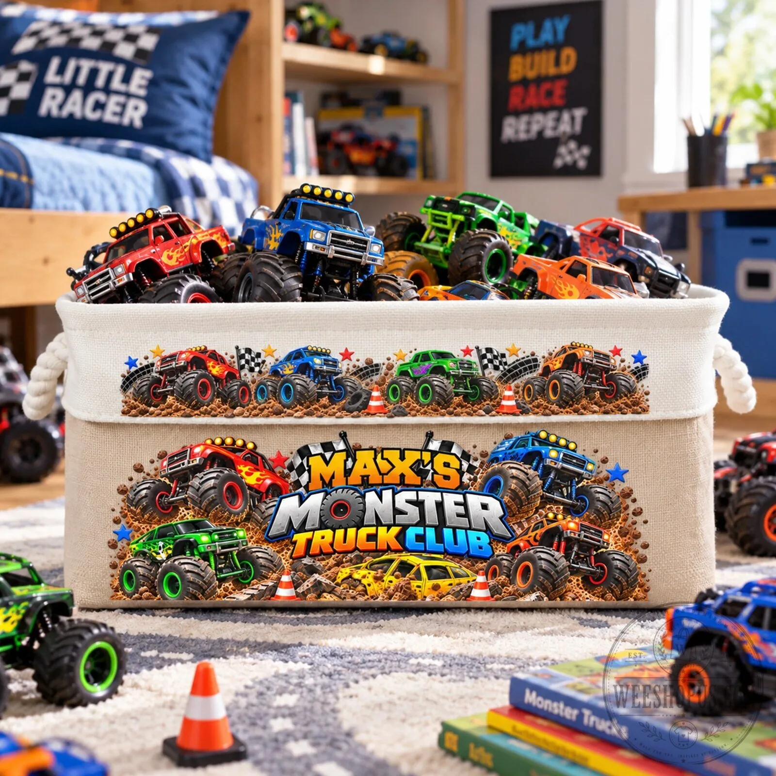 Personalized Monster Truck Club Kids Toy Storage Basket Organizer 12 Personalized Monster Truck Club Kids Toy Storage Basket Organizer