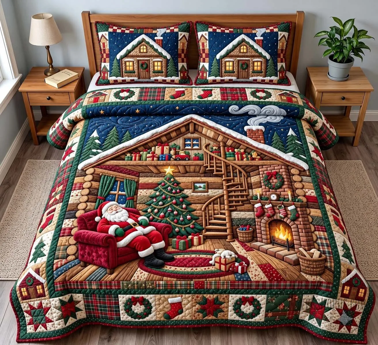 Christmas Santa Cabin Quilted Bedding Set with Pillow Shams 8 Christmas Santa Cabin Quilted Bedding Set with Pillow Shams