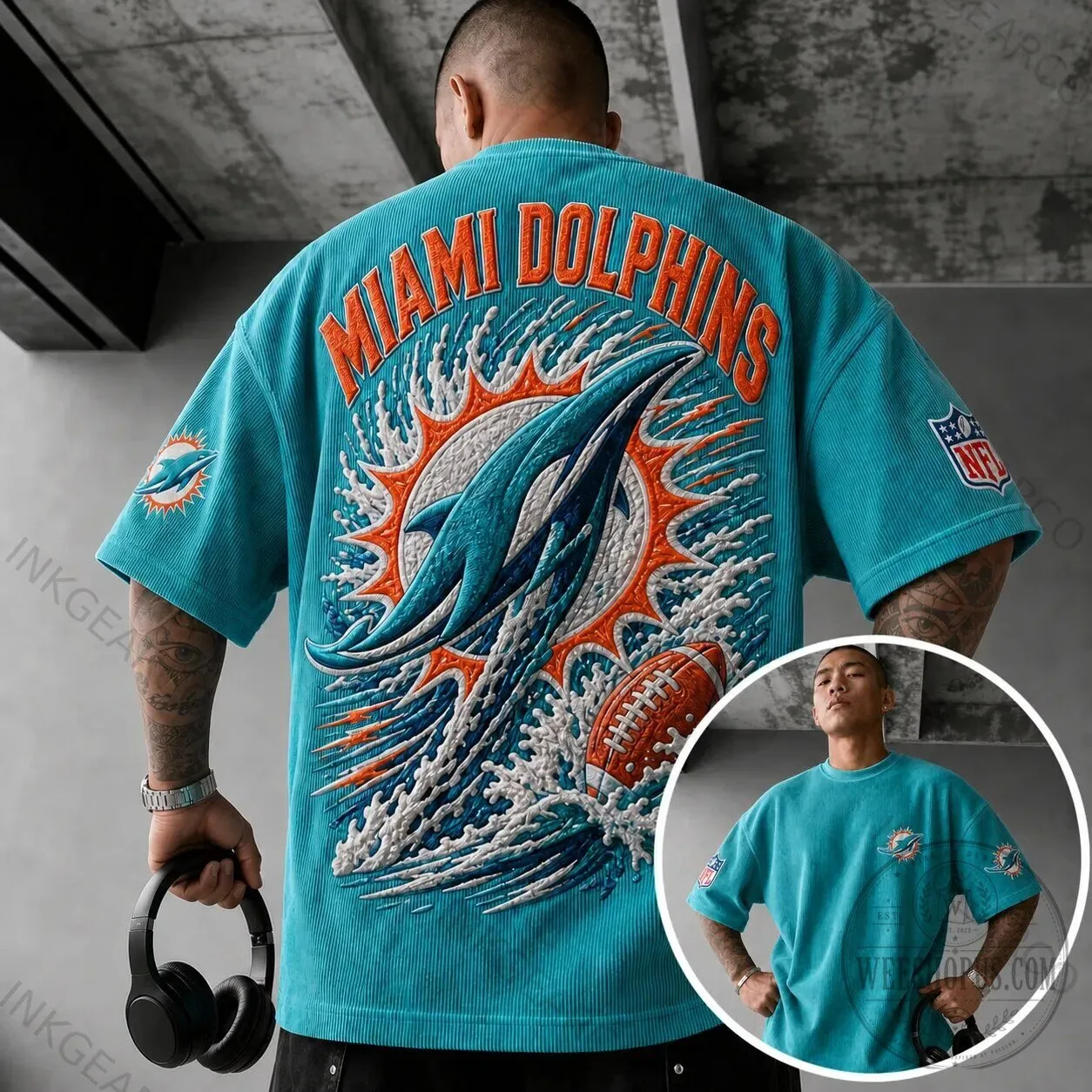 Corduroy Short-Sleeve T-Shirt Featuring the Miami Dolphins NFL Team Logo 3 Corduroy Short-Sleeve T-Shirt Featuring the Miami Dolphins NFL Team Logo