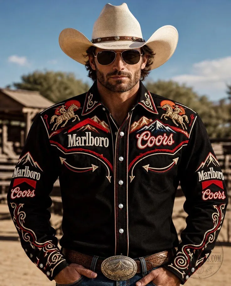 Marlboro Coors Western Cowboy Embroidered Long Sleeve Button Up Shirt 11 Marlboro Coors Western Cowboy Embroidered Long Sleeve Button Up Shirt