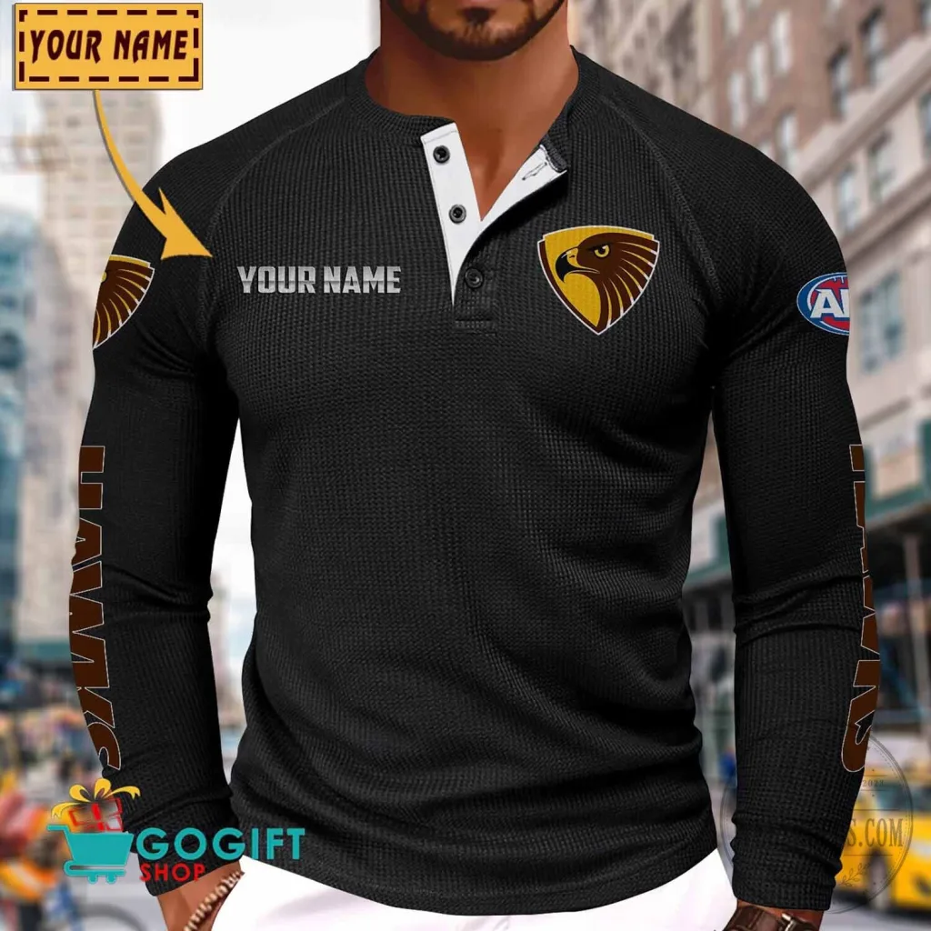 Hawthorn Football Club Personalized Long Sleeve Henley Shirt Hawthorn Football Club Personalized Long Sleeve Henley Shirt