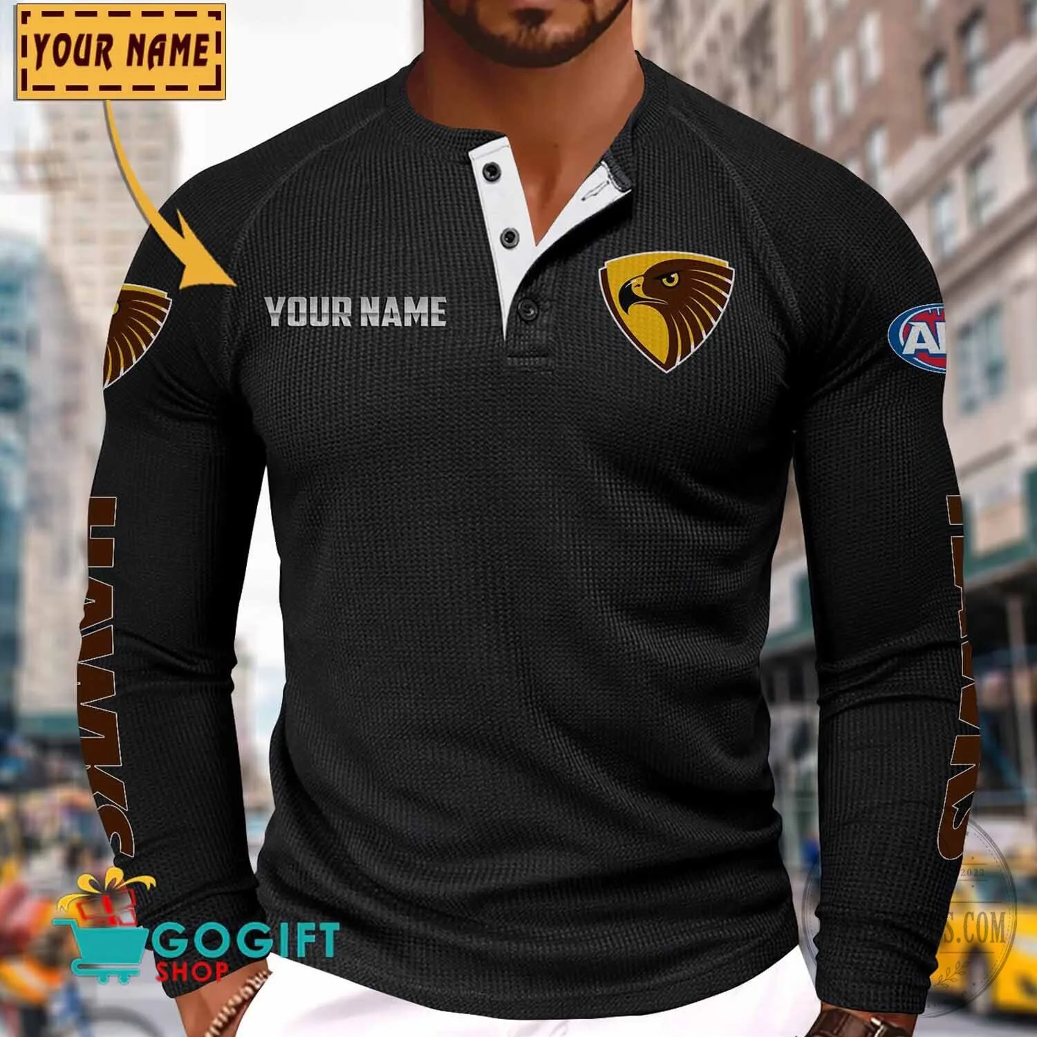 Hawthorn Football Club Personalized Long Sleeve Henley Shirt 2 Hawthorn Football Club Personalized Long Sleeve Henley Shirt