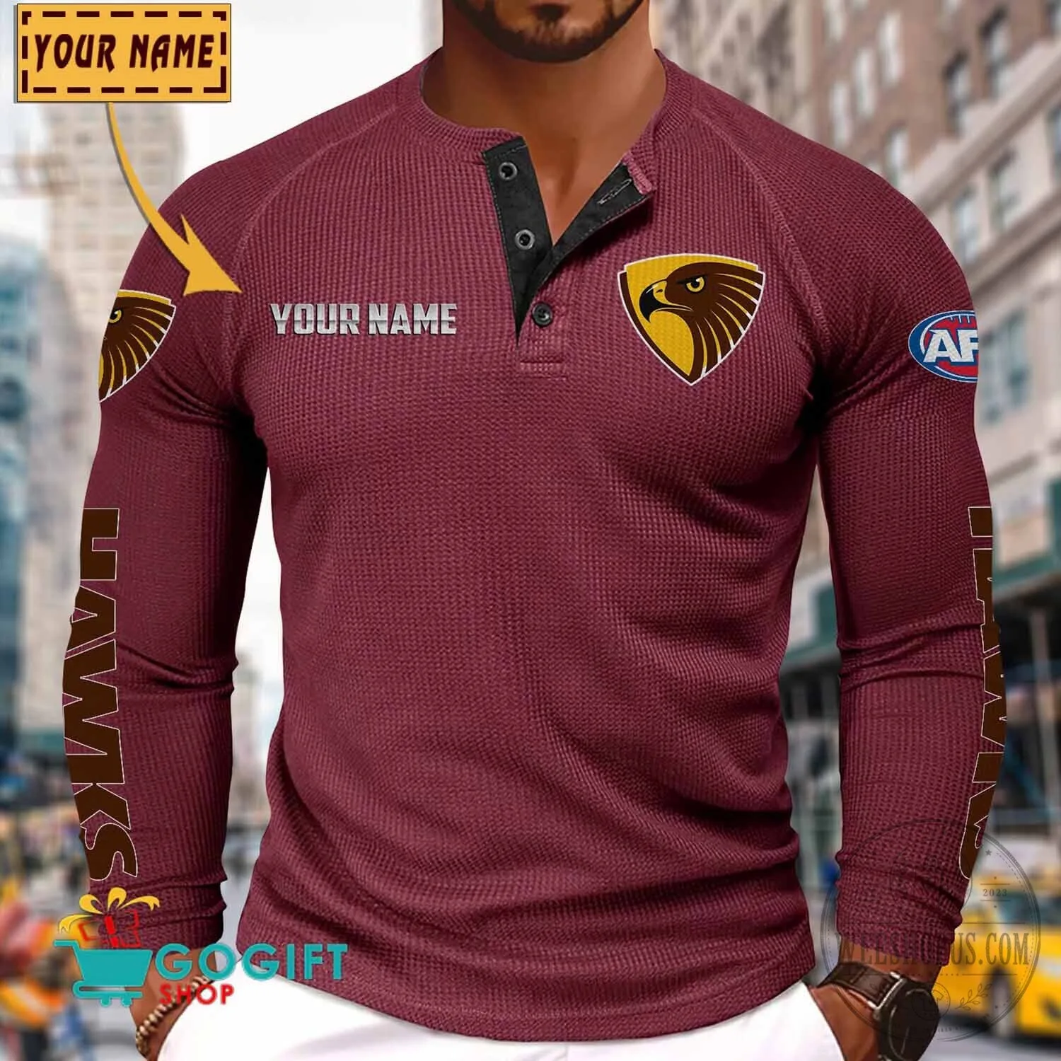 Hawthorn Football Club Personalized Long Sleeve Henley Shirt 15 Hawthorn Football Club Personalized Long Sleeve Henley Shirt