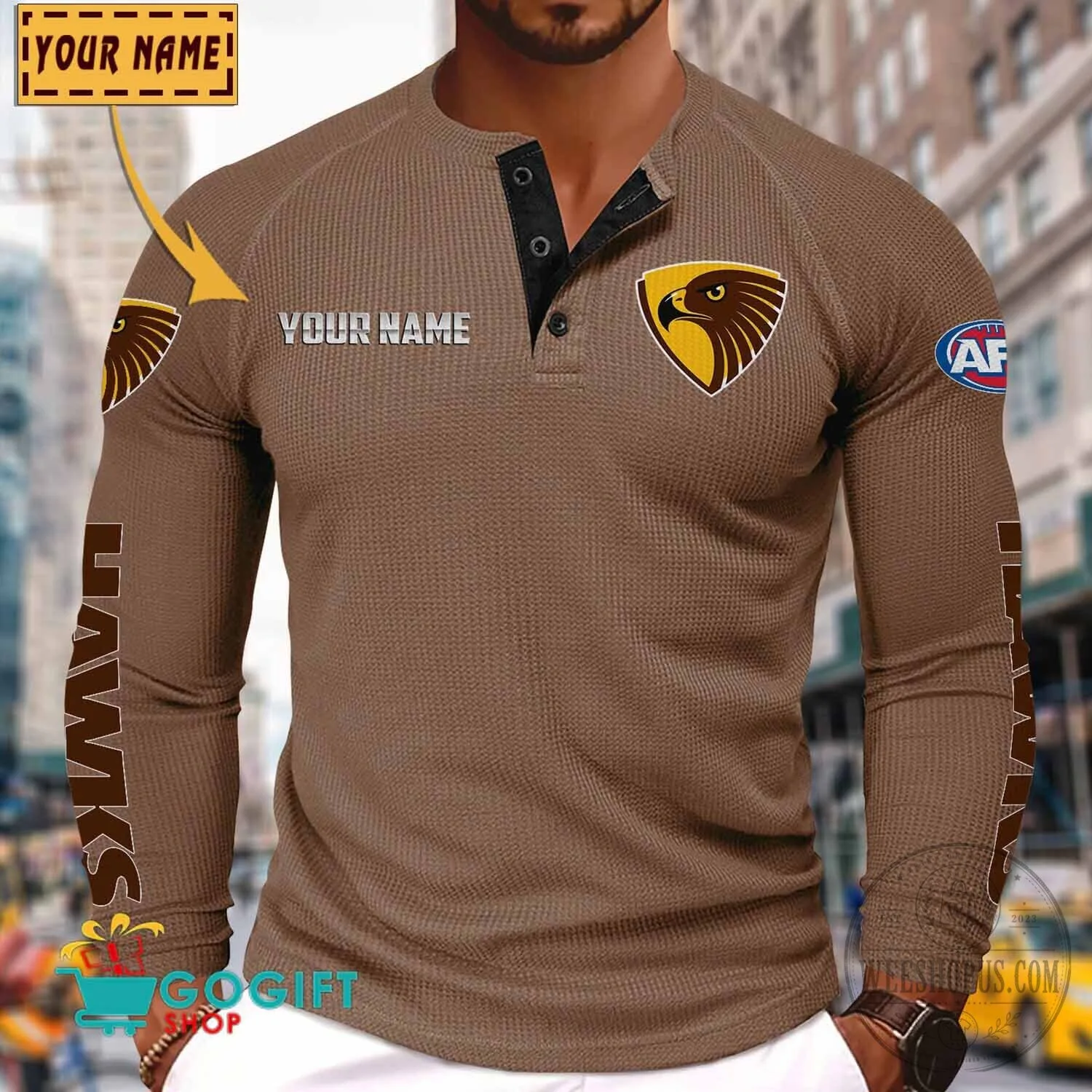 Hawthorn Football Club Personalized Long Sleeve Henley Shirt 16 Hawthorn Football Club Personalized Long Sleeve Henley Shirt