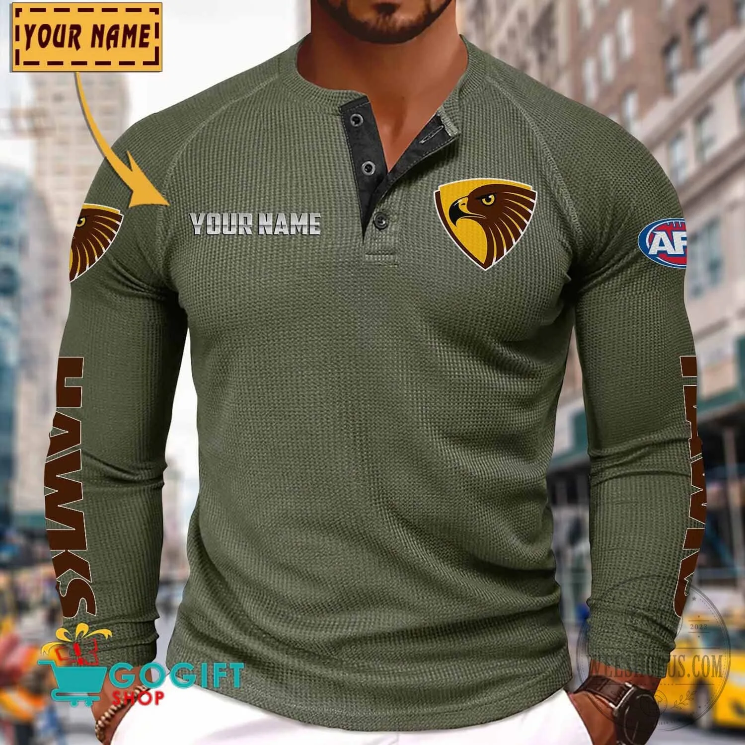 Hawthorn Football Club Personalized Long Sleeve Henley Shirt 17 Hawthorn Football Club Personalized Long Sleeve Henley Shirt