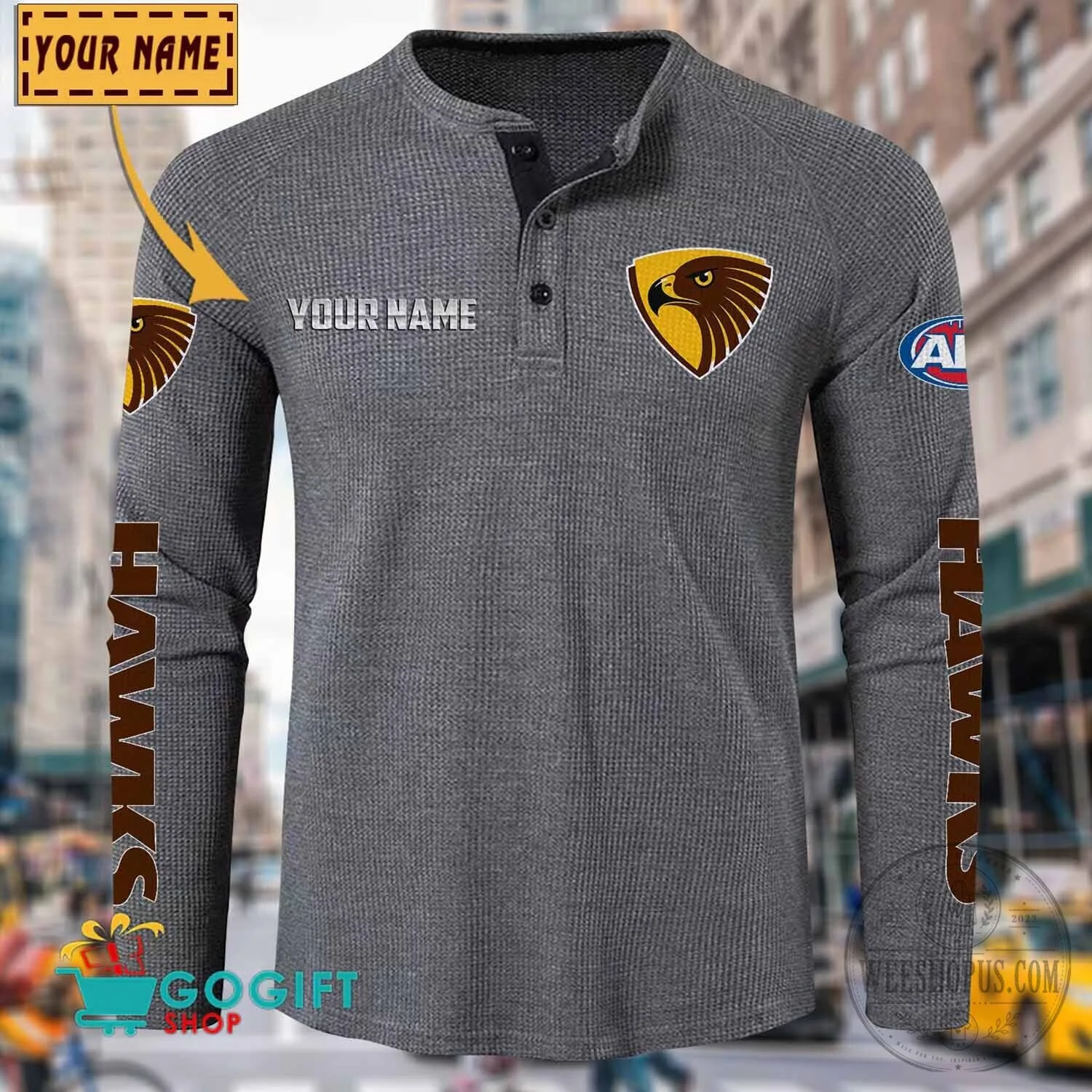 Hawthorn Football Club Personalized Long Sleeve Henley Shirt 18 Hawthorn Football Club Personalized Long Sleeve Henley Shirt