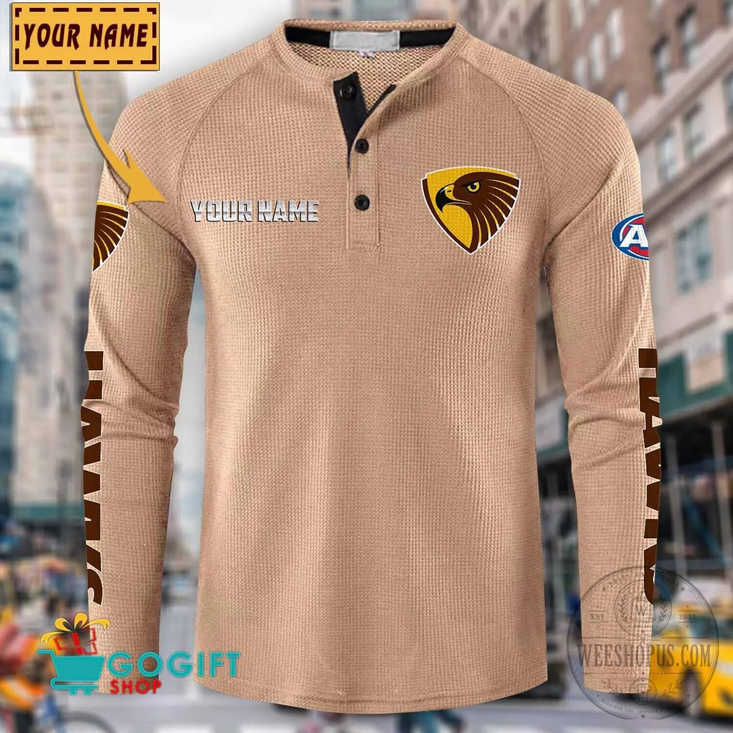 Hawthorn Football Club Personalized Long Sleeve Henley Shirt 19 Hawthorn Football Club Personalized Long Sleeve Henley Shirt