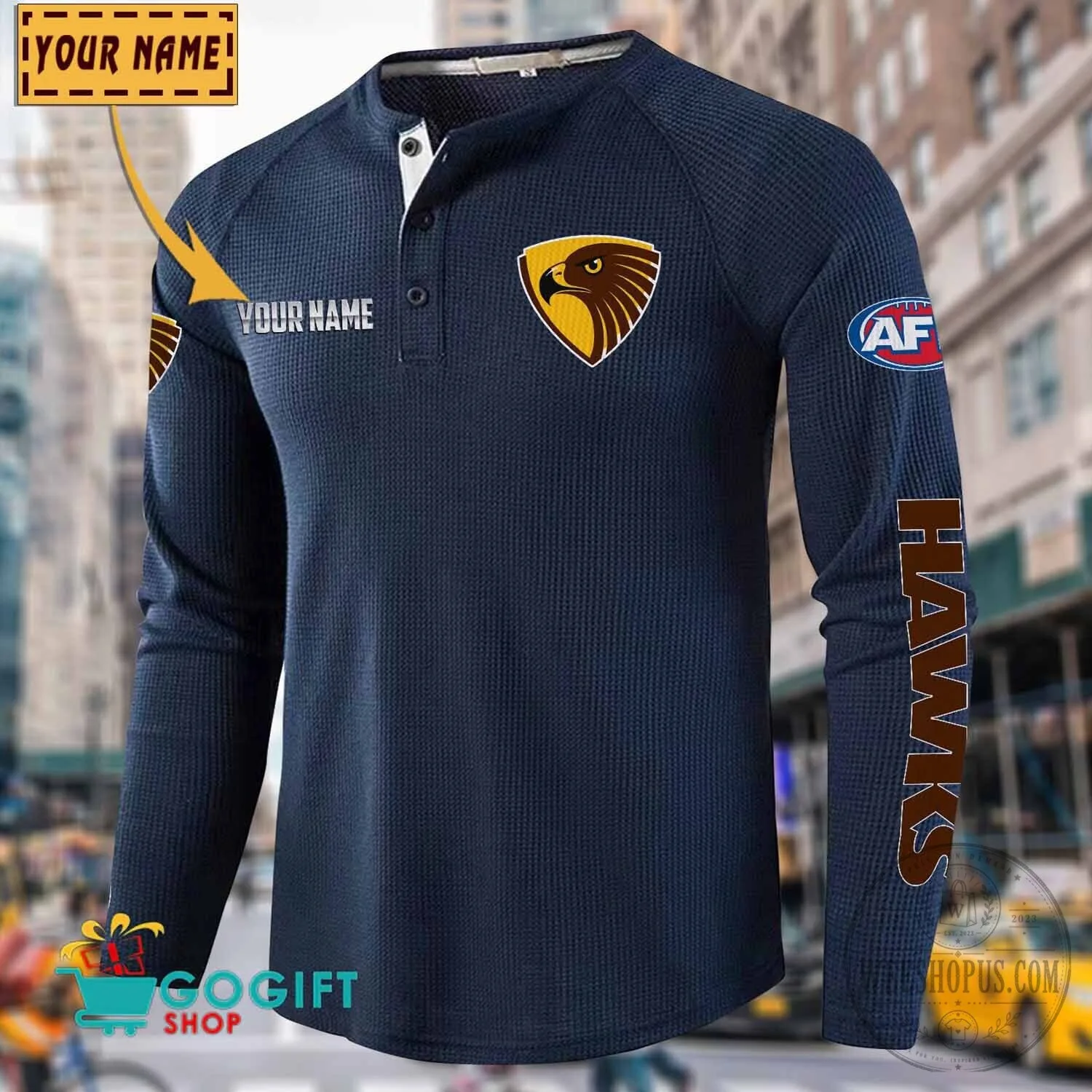 Hawthorn Football Club Personalized Long Sleeve Henley Shirt 21 Hawthorn Football Club Personalized Long Sleeve Henley Shirt