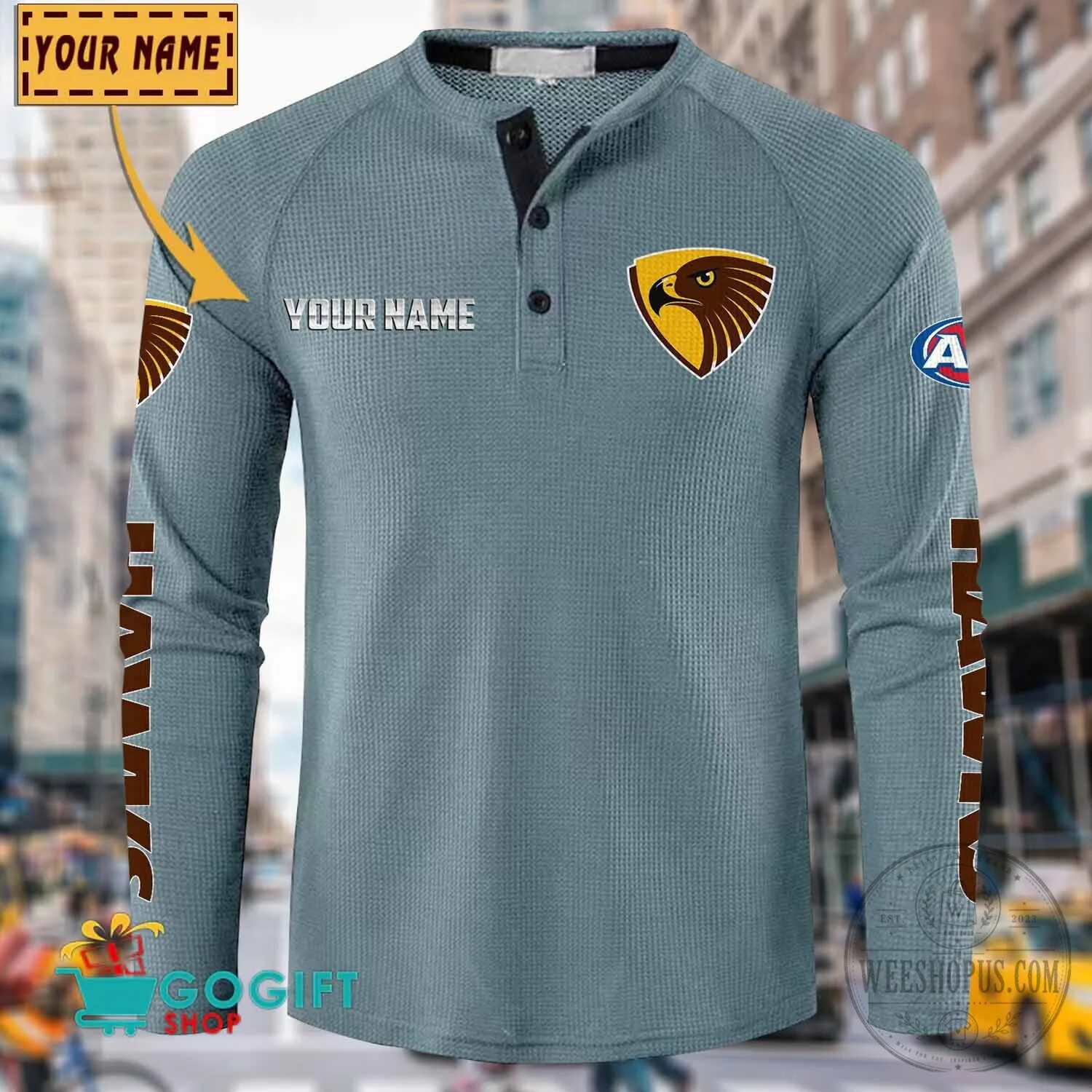 Hawthorn Football Club Personalized Long Sleeve Henley Shirt 22 Hawthorn Football Club Personalized Long Sleeve Henley Shirt