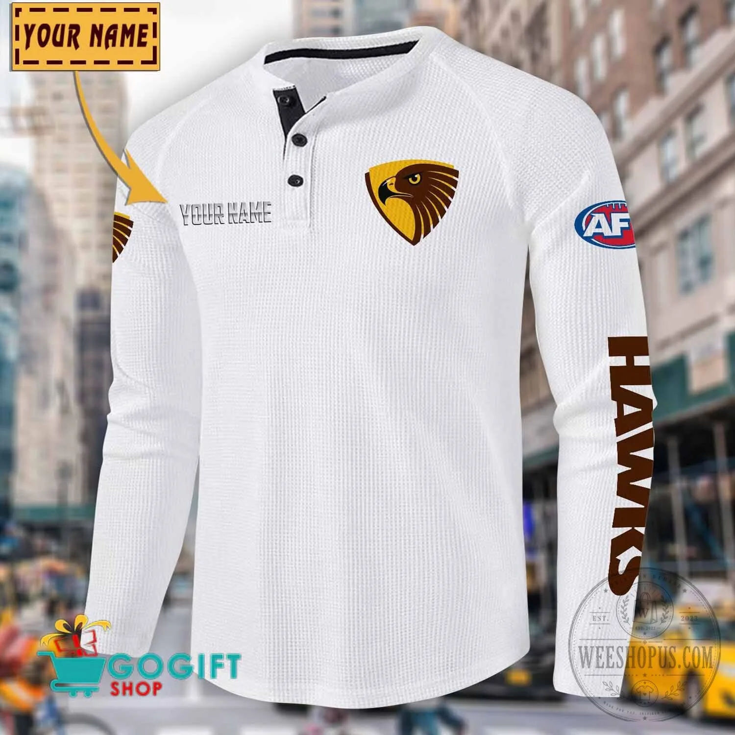 Hawthorn Football Club Personalized Long Sleeve Henley Shirt 23 Hawthorn Football Club Personalized Long Sleeve Henley Shirt