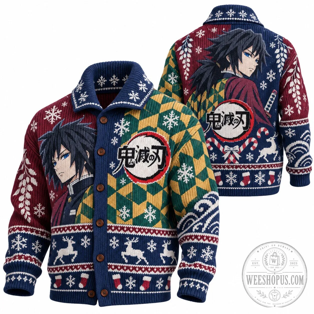 Demon Slayer Giyu Tomioka Anime Christmas Holiday Knit Cardigan Sweater