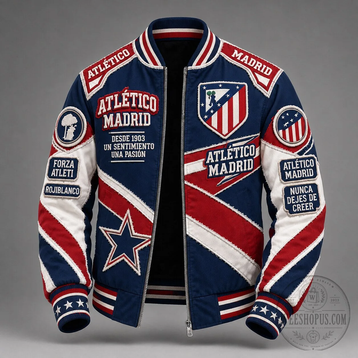Atletico Madrid Football Club Varsity Bomber Jacket for Men 1 Atletico Madrid Football Club Varsity Bomber Jacket for Men