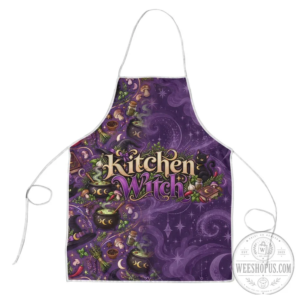 Kitchen Witch Mystical Herb Cauldron Black Cat Purple Cooking Apron