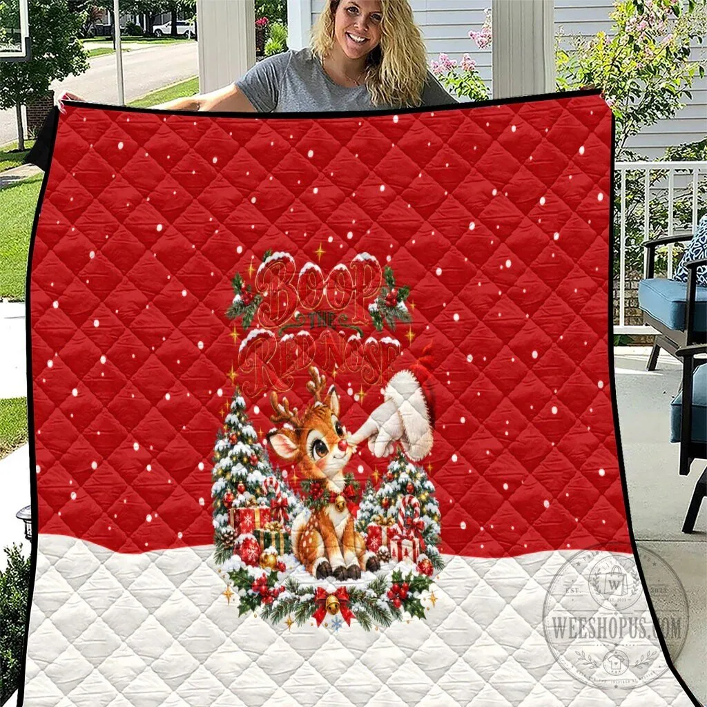 Cute Reindeer Boop The Red Nose Christmas Quilt Festive Vintage Winter Snow