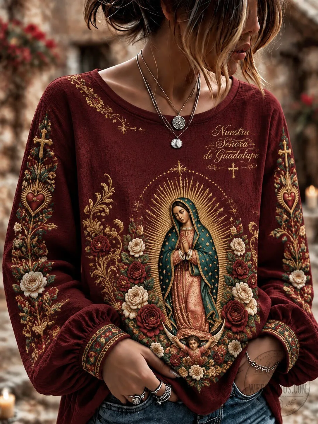 Our Lady of Guadalupe Religious Floral Long-Sleeve Sweatshirt 1 Our Lady of Guadalupe Religious Floral Long-Sleeve Sweatshirt