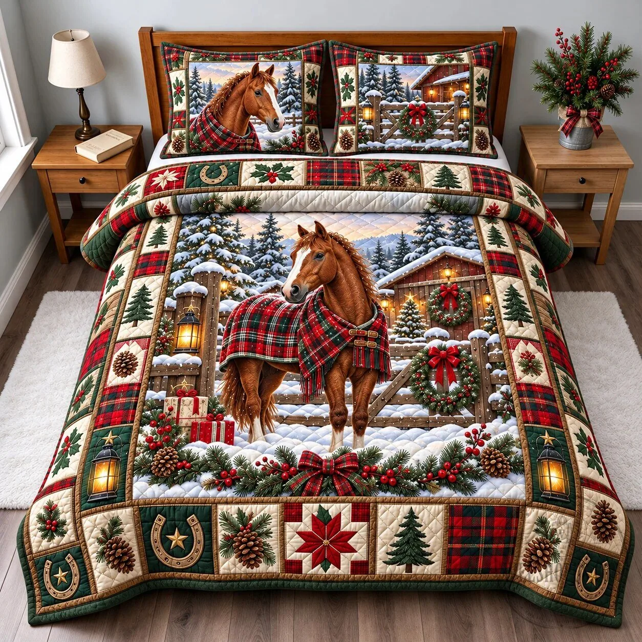 Christmas Horse Plaid Farmhouse Winter Holiday Quilted Bedding Set 7 Christmas Horse Plaid Farmhouse Winter Holiday Quilted Bedding Set