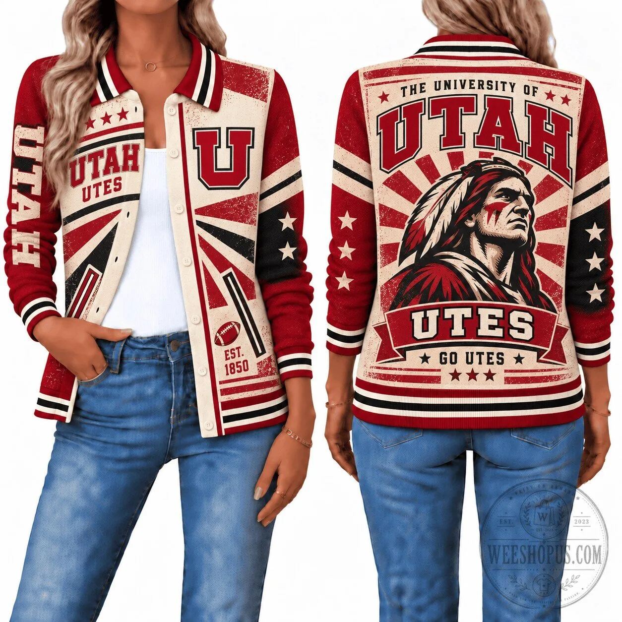 University of Utah Utes Native American Mascot Retro Style Varsity Jacket 1 University of Utah Utes Native American Mascot Retro Style Varsity Jacket